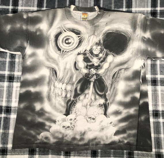 Vintage 90s - Flaming Skull Executioner Art All Over Print AOP - Metal Punk Rocker T Shirt - Size XL