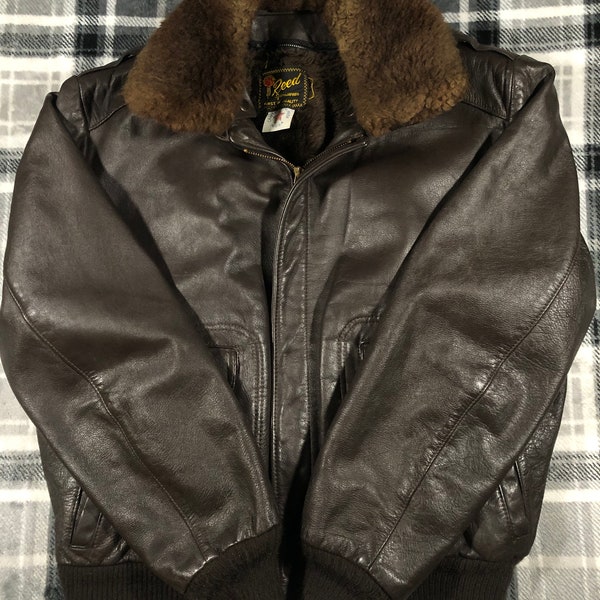 Vintage 70s 80s - Reed Sportswear Brown Leather Bomber Biker Jacket - Made In USA Removable Faux Fur Lining and Collar