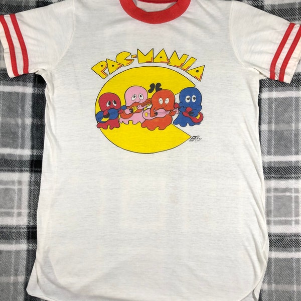 Vintage 80s - Pac-Man - Pac-Mania - Classic Arcade Video Game Ringer Distressed T Shirt - Size M