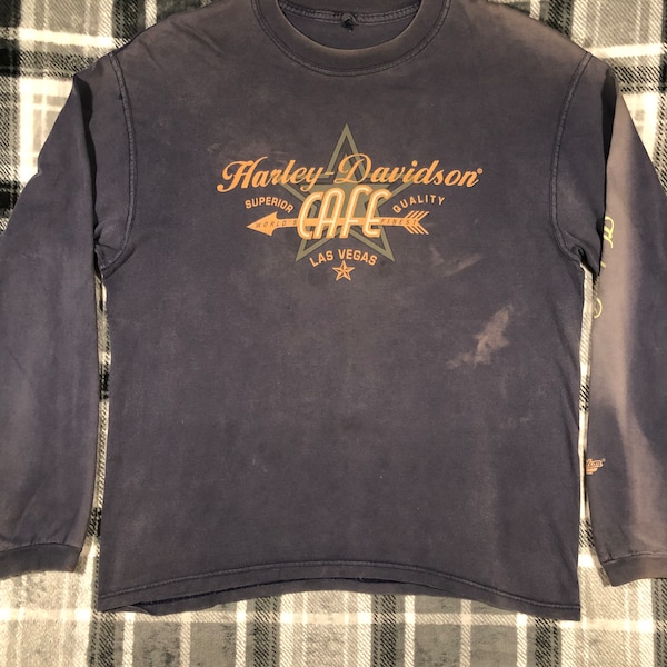 Vintage 90s - Harley Davidson Cafe - Las Vegas Nevada - Classic Motorcycle Biker Thrashed Distressed Long Sleeve T Shirt