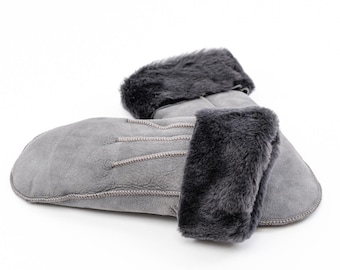 Natural Sheepskin Merino Mittens with Decorative Seams, Soft and Warm Wool, Gray Color, Handmade! Provide phone number!