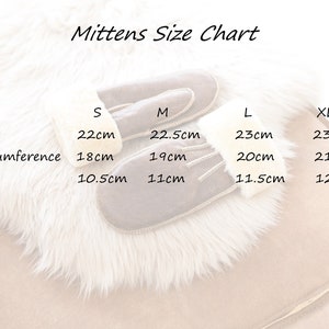 May include: Mittens size chart with measurements in centimeters for sizes S, M, L, and XL. The chart shows the length, wrist circumference, and width of each size.