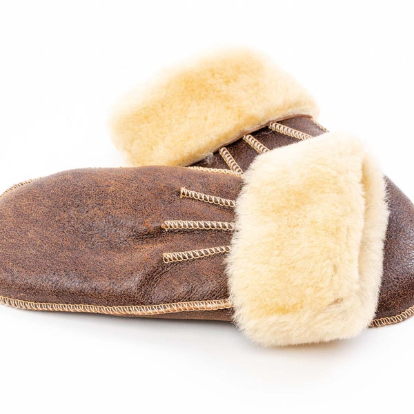 Natural Sheepskin Merino Mittens with Decorative Seams, Soft and Warm Wool, Brown Color, Handmade! Provide phone number!