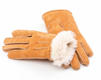 Gants naturels en peau de mouton mérinos pour femmes et hommes avec coutures décoratives, laine douce et chaude, couleur beige, fait main!