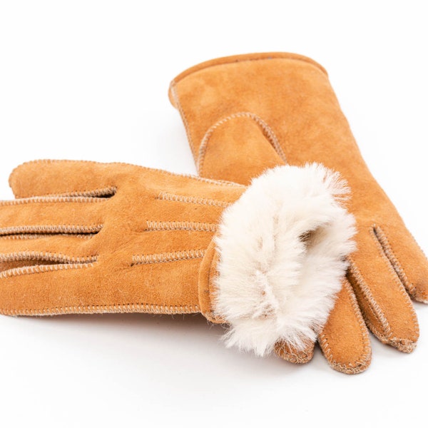 Gants naturels en peau de mouton mérinos pour femmes et hommes avec coutures décoratives, laine douce et chaude, couleur beige, fait main!