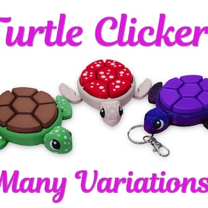 May include: Three turtle-shaped clickers in different colours: green with brown shell, white with red shell, and purple with a dark blue shell. The purple turtle has a key chain attached. The text "Turtle Clickers" and "Many Variations!" is written in pink.