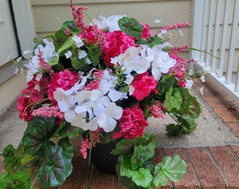 Spring Urn Filler: Artificial Geranium & Hydrangea Floral Arrangement