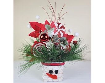 Christmas Snowman Basket Centerpiece, Holiday Peppermint Pine Arrangement, Candy Cane Table Decor, Red White Winter Decor, Snowman Decor