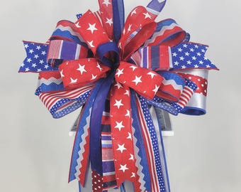 4th of July Wreath Bow, Patriotic Red White Blue Bow, Americana Door Decor, Independence Day Ribbon Bow, Front Door Accent