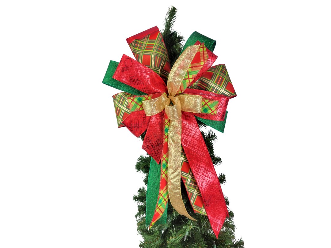 Red Green Gold Christmas Tree Topper Bow, Plaid Glitter Holiday Bow for ...