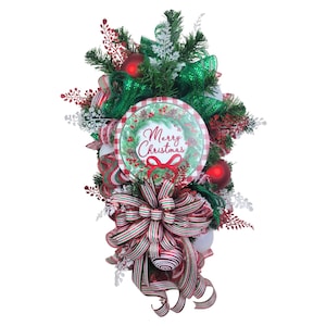 Merry Christmas Swag Wreath, Holiday Front Door Decor, Red Green White Ornaments, Vertical Christmas Swag, Traditional Christmas Swag