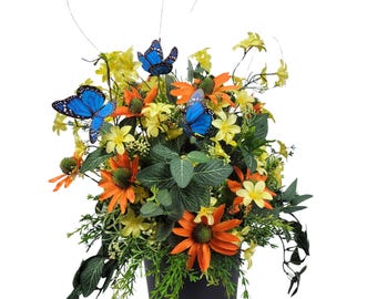Orange Coneflower Urn Filler: Silk Floral Arrangement with Blue Butterflies