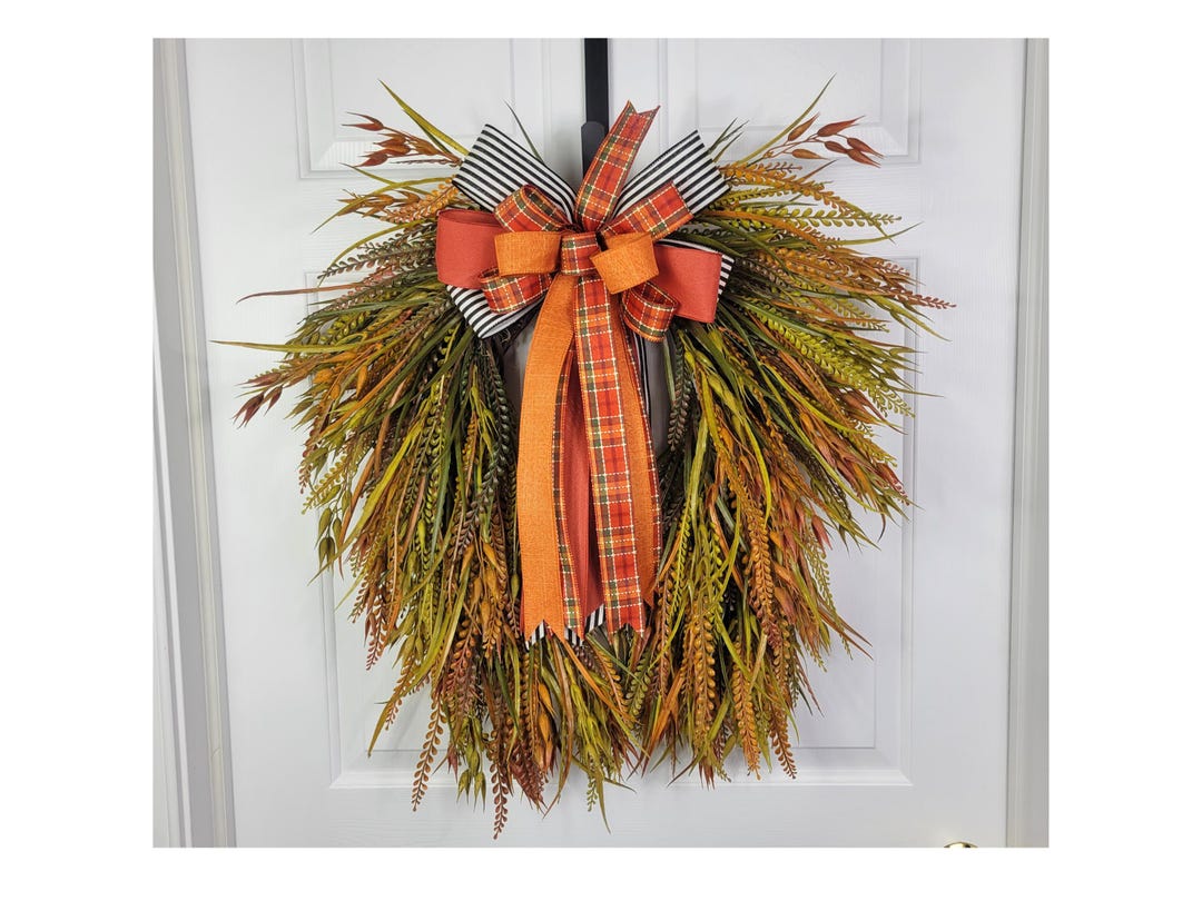 Fall Grapevine Wreath With Plaid Bow, Bead Grass Front Door Wreath ...