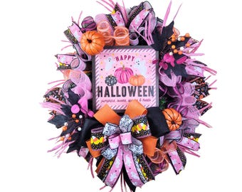 Pink Halloween Wreath, Happy Halloween Door Decor, Pink and Orange Fall Wreath, Ghost Pumpkin Wreath, Halloween Sign Wreath, Halloween Decor