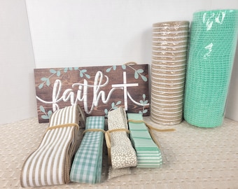 Faith Wreath Kit, DIY Wreath Supply Bundle, Faith Sign with Mint Green Mesh and Ribbon, Wreath Making Kit, Spring Craft Supplies