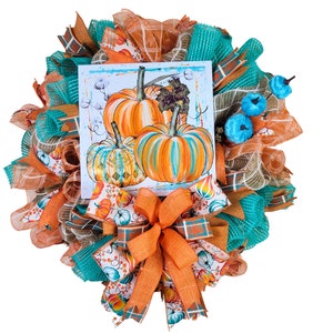 Teal Orange Pumpkin Wreath, Fall Door Decor, Halloween Pumpkin Wreath, Pumpkin Fall Wreath, Autumn Door Decor, Thanksgiving Home Decor
