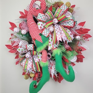 Elf Legs Christmas Wreath, Whimsical Red Green Holiday Decor, Elf Hat wreath, Peppermint  Wreath, Christmas Wreath,  Christmas Santa Hat