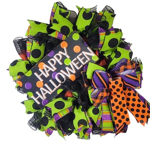 Happy Halloween wreath for front door, Halloween wreath, polka dot Halloween wreath, Halloween decor, Halloween wreath, Green and Black