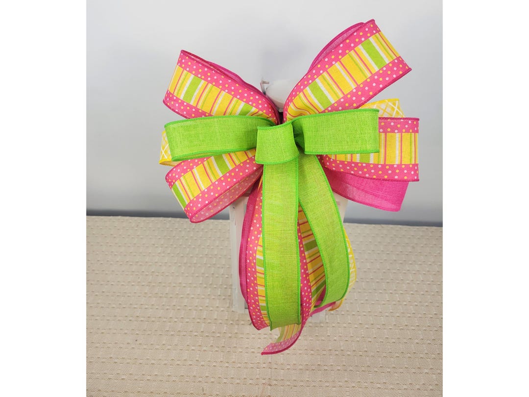 Easter Bow, Pink Green Bow, Spring Door Bow, Wreath Bow, Bright Ribbon ...