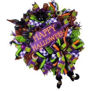 Corona de Feliz Halloween, Corona de Halloween para puerta principal. corona de puerta, corona de araña, corona para puerta de entrada, corona morada y naranja