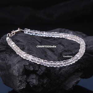 White Topaz Bracelet, Natural White Topaz Faceted Rondelle Gemstone Beaded Bracelet, Sterling Silver Bracelet, Precious Bracelet, Women Gift