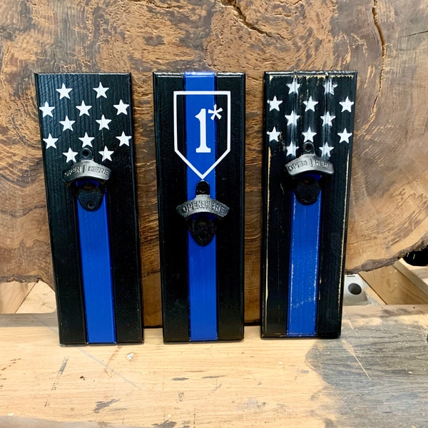 Thin Blue Line Rustic American Flag Wood Wall Mount Bottle Opener - Police / Law Enforcement, gift, Public Safety, SWAT, 1*, One Ass to Risk