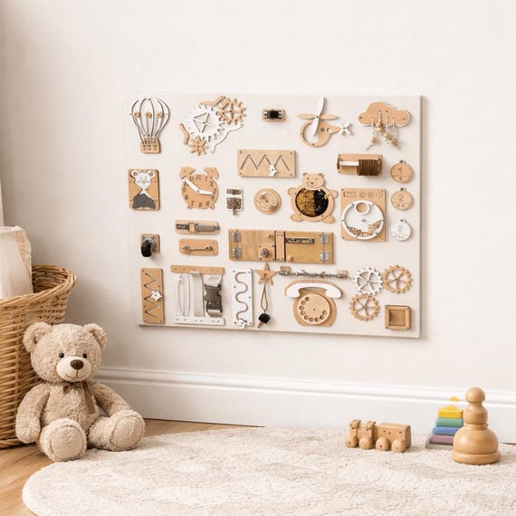 Wooden Busy Board for 2 Year Old Boy, Montessori Sensory Toy for Toddlers