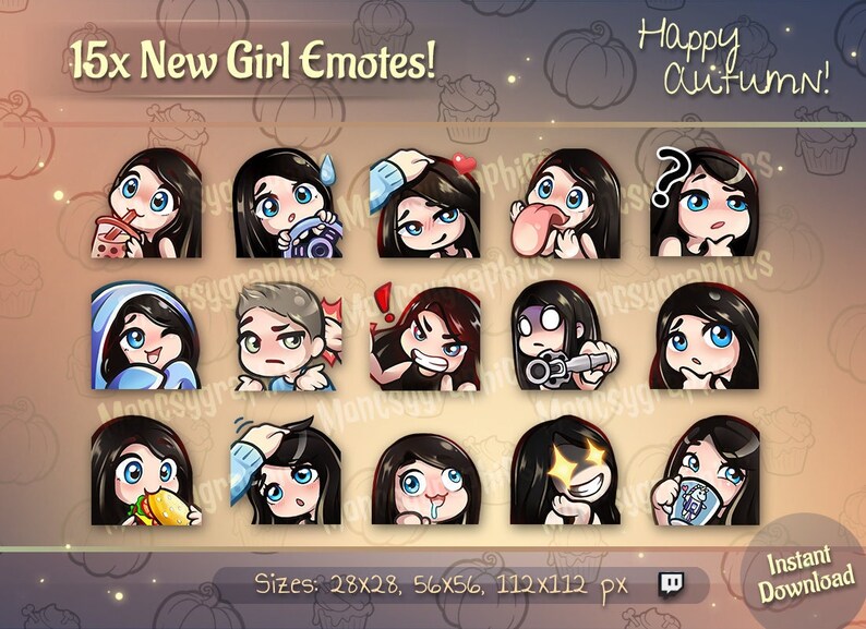 Twitch Emotes // Cute Black Hair/ Blue Eyes Girl Chibi Emotes for ...