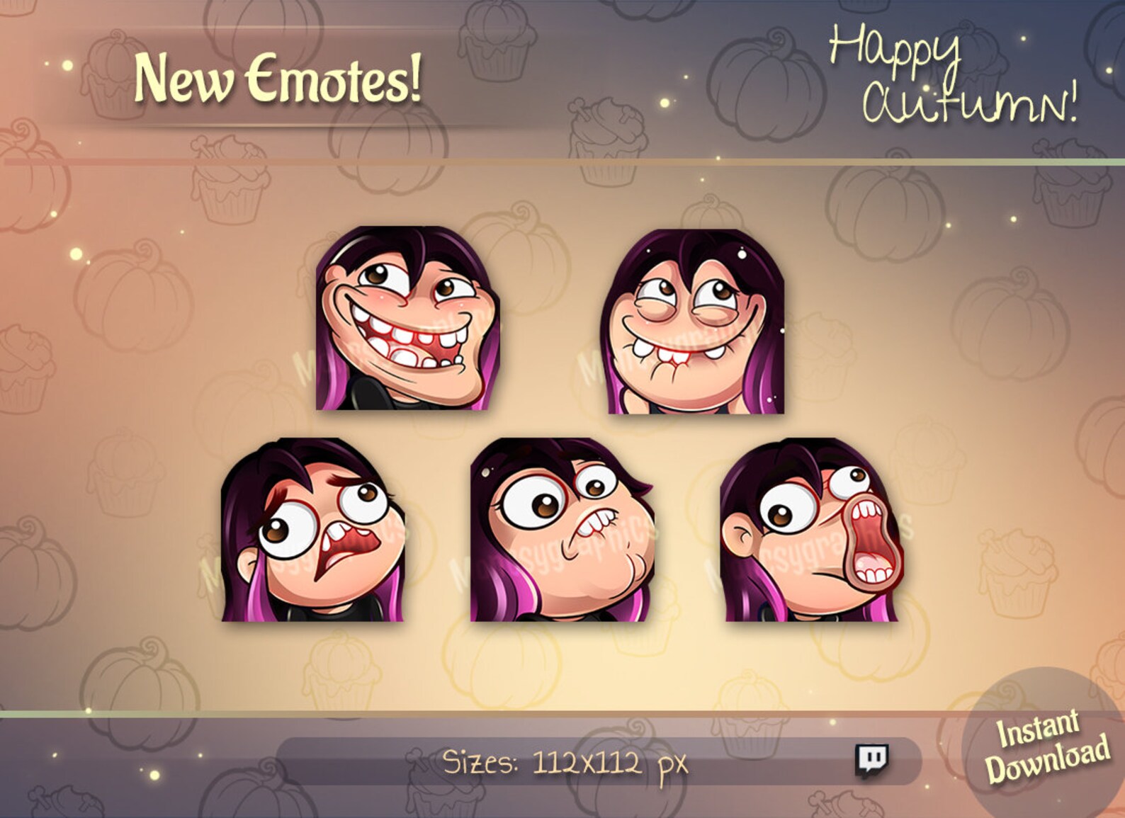 Twitch Emotes // Black Hair Troll Chibi Girl Emotes for Streamers