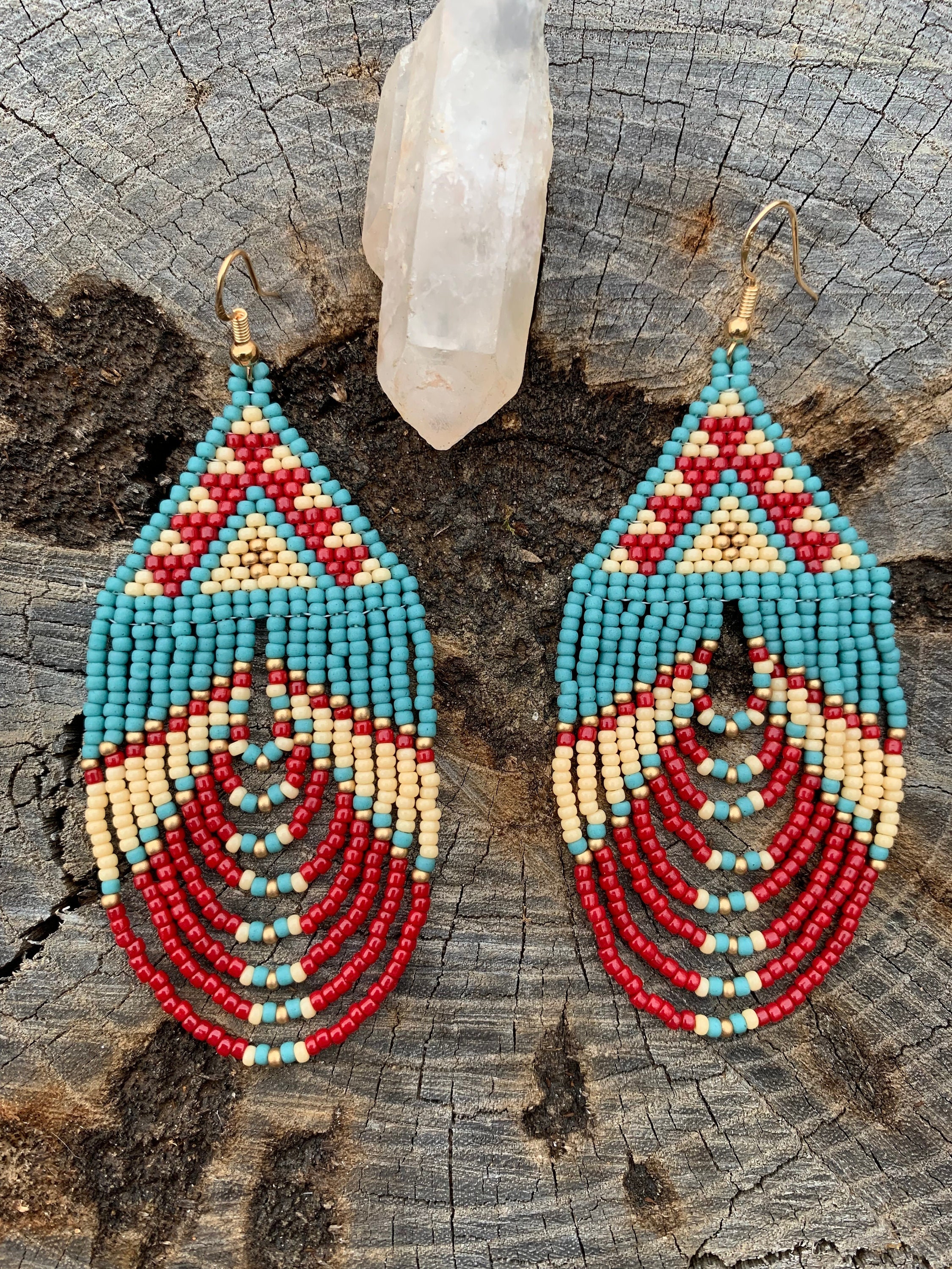 Turquoise Red Looped Seed Bead Dangle Earrings Made to Order