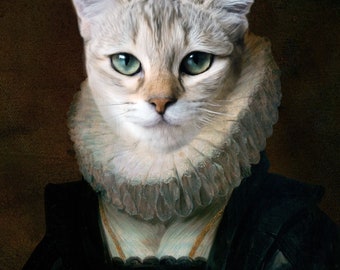 Retrato de mascota real, retrato de mascota personalizado, retrato histórico de mascota, retrato de mascota reina personalizado, pintura de gato renacentista