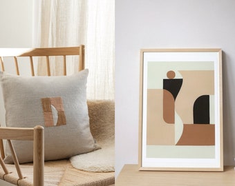 Handmade cushion + unique art print, duo package gift set, minimal abstract design, high quality materials, glicee print, stonewashed linen.