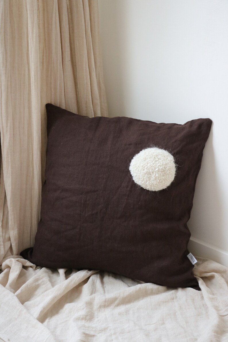 Brown stonewashed linen cushion with tufted dot, handmade, high quality natural materials, inner cushion included, earth tones, sustainable. image 3