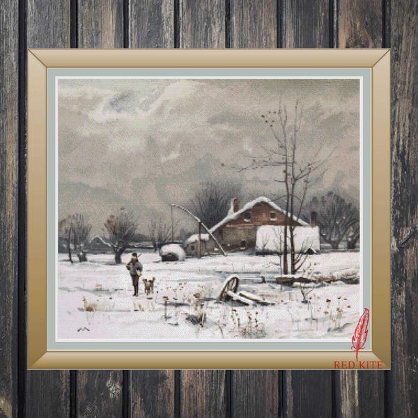 Winter Landscape Cross Stitch Pattern - Barn Scene, Full Coverage