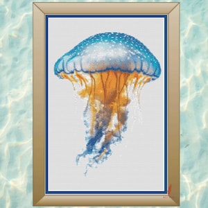 Blue Jellyfish  (AI Artwork), Full Coverage Cross Stitch Pattern, Digital PDF Instant Download, Cross Stitch Chart Only
