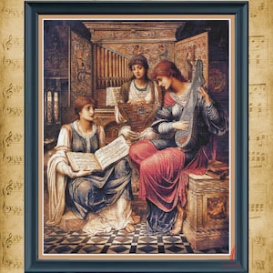 The Gentle Music of a Bygone Day by John Melhuish Strudwick, Full Coverage Cross Stitch Pattern, Digital PDF Instant Download,  Chart Only