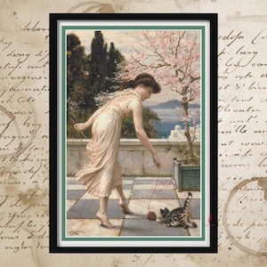 Teasing the Kitten by William Coleman, Full Coverage Cross Stitch Pattern, Digital PDF Instant Download, Cross Stitch Chart Only