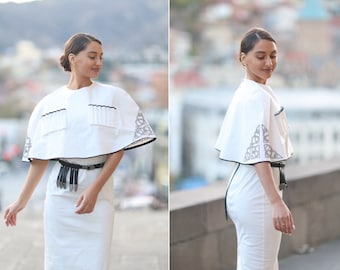 Vestido midi de estilo tradicional georgiano, vestido de capa bordado de tela vendaje, cinturón de estilo tradicional