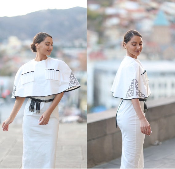 Georgian Traditional Style Midi Dress ,Bandage Fabric Embroidery Cape Dress, Traditional Style Belt
