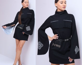 Georgian Traditional Style Long sleeve Dress ,Bandage Fabric Dress with embroidery on sleeves , Traditional Style Belt