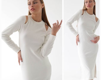 Warm Longsleeve Dress With Stylish shoulders and one side cut