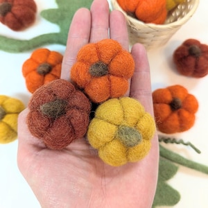 Könnte beinhalten: Eine Hand hält vier Filz-Kürbisse in verschiedenen Orangetönen, Gelb und Braun. Die Kürbisse sind klein und haben ein rustikales, handgemachtes Aussehen.