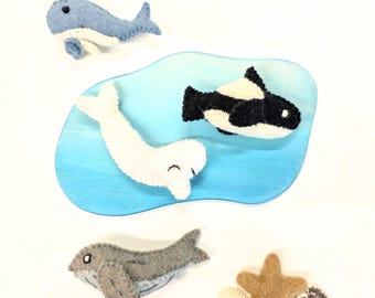 Felt Whales Loose Parts / Needle Felted Hand Stitched Humpback Orca Narwhal Beluga Whale for Sensory Play / Ocean Animals for Mobile Garland