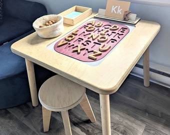 Toddler Wood Sensory Bin Table with Light Box Lid / Adjustable Height Kids Wooden Learning Activity Desk / Montessori Arts and Crafts Table