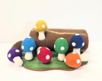 Felt Rainbow Mushrooms Loose Parts / Needle Felted Toadstools Montessori Math Counters / Mushroom Fungi Forest Sensory Bin Cat Toys