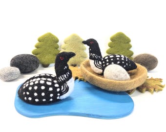 Felt Loon Bird for Sensory Play Decoration Ornament / Needle Felted Wool Loons / Montessori Felt Birds / Lake Pond Sensory Bin Loose Parts
