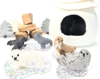 Felt Sea Mammals Play Set / Needle Felted Wool Whale Seal Walrus Sealion Mobile Sensory Bin Loose Parts / Montessori Marine  Ocean Animals