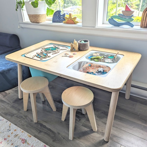 Kids Wood Sensory Bin Table with Dry Erase Light Table Lids / Toddler Montessori Art Activity Table / Child's Wooden Desk / Kid Table Stools