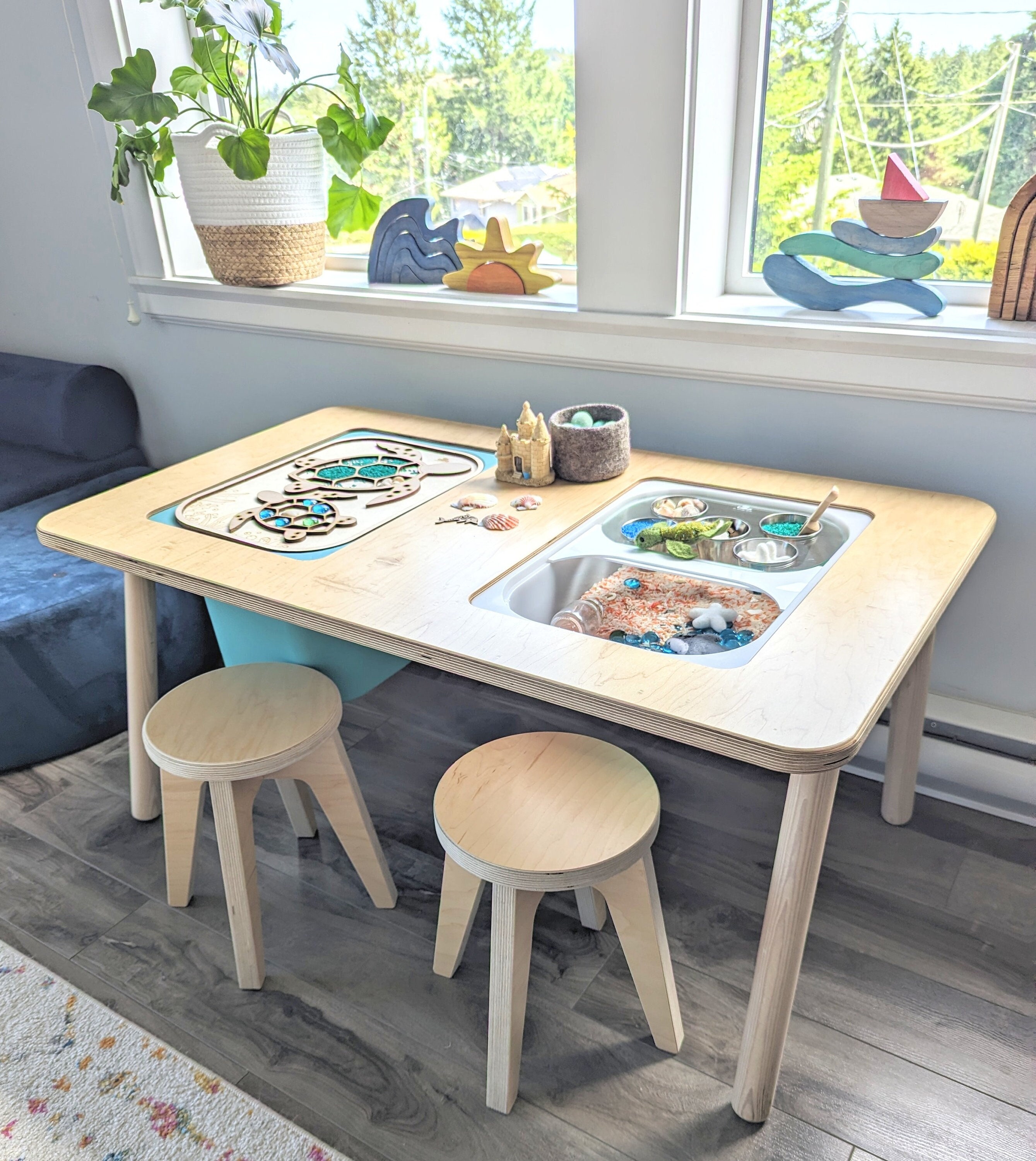 Kids Wood Sensory Bin Table with Dry Erase Light Table Lids / Toddler Montessori Art Activity Table / Child's Wooden Desk / Kid Table Stools