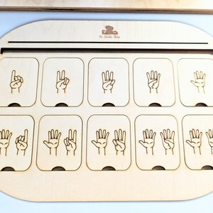 May include: Wooden board with 10 slots, each containing a different hand sign representing a number from 1 to 10. The board is labeled "The Wonder Shop".